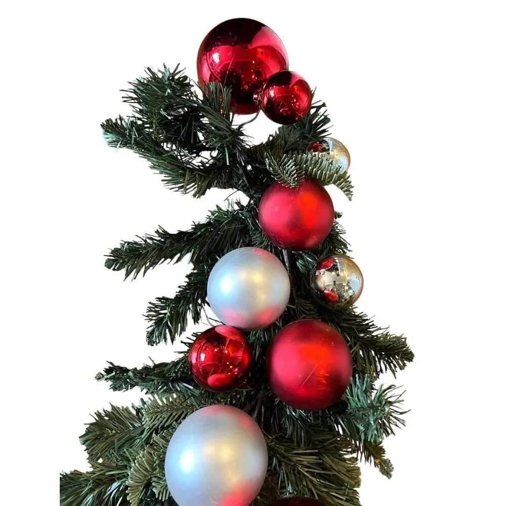 Pottery Barn Christmas Pine Garland Green with Ornament Balls Red Silver 4.5'